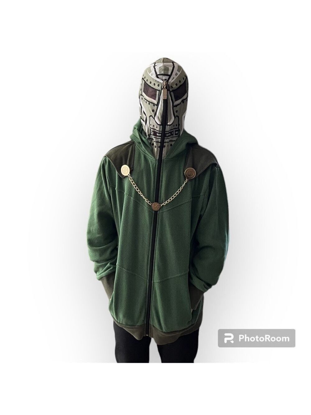 MARVEL DOCTOR DOOM Green Mask Hooded Zip Up Costume Sweater Small